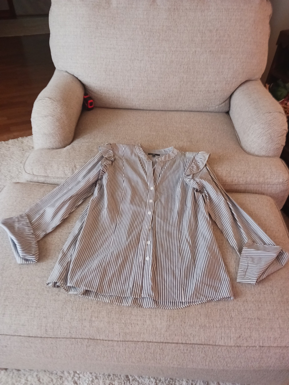 My Michelle Black and White Striped Ruffle Shoulder Button-Down Top